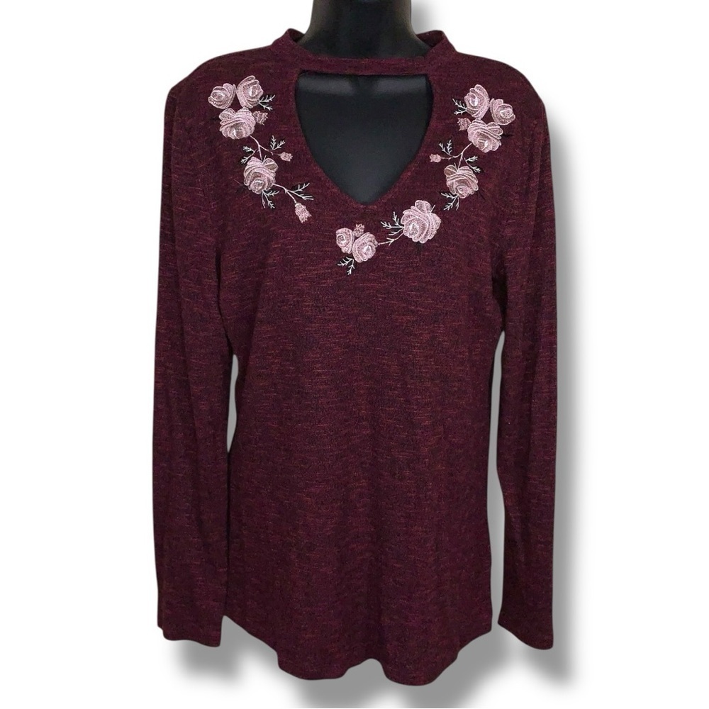 Medium Alya Burgundy Purple Pink Floral Embroidered Long Sleeve Top Stretch